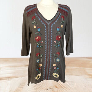Johnny Was JW Los Angeles Embroidered Tunic Top Sz M Gray Long Length 3/4 Sleeve